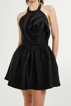 Flowering Girl Women Floral Appliqué Halter Neck Mini Dress In Black