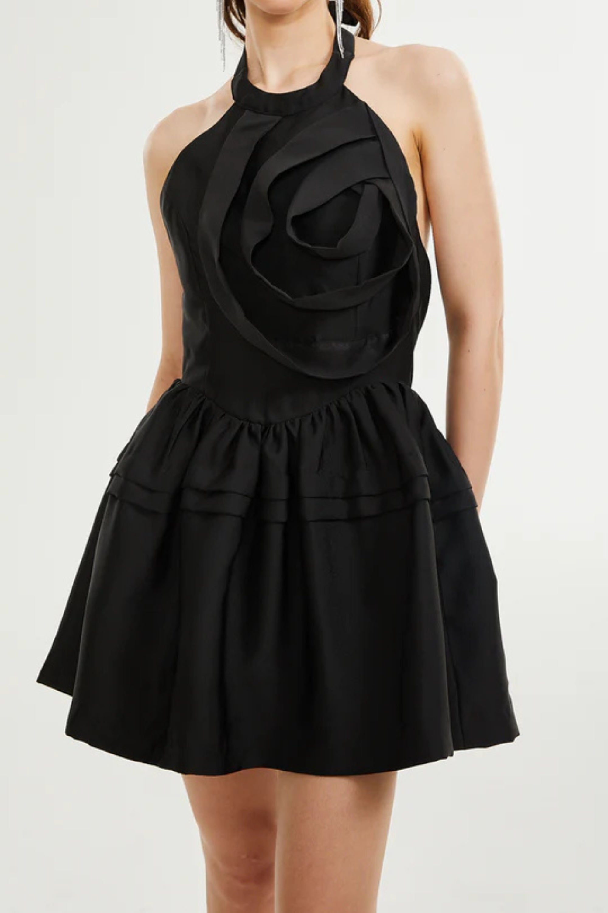 Flowering Girl Women Floral Appliqué Halter Neck Mini Dress In Black