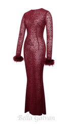 Flowering Girl Women burgundy mesh feather maxi dress