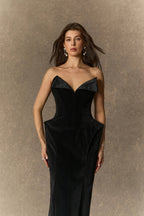 Amity Black Deep V-Neck Strapless Velvet Maxi Dress