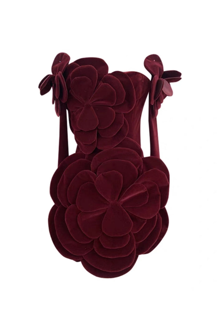 Flowering Girl Women Flower-embellished Velvet Mini Dress in burgundy