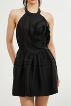 Flowering Girl Women Floral Appliqué Halter Neck Mini Dress In Black