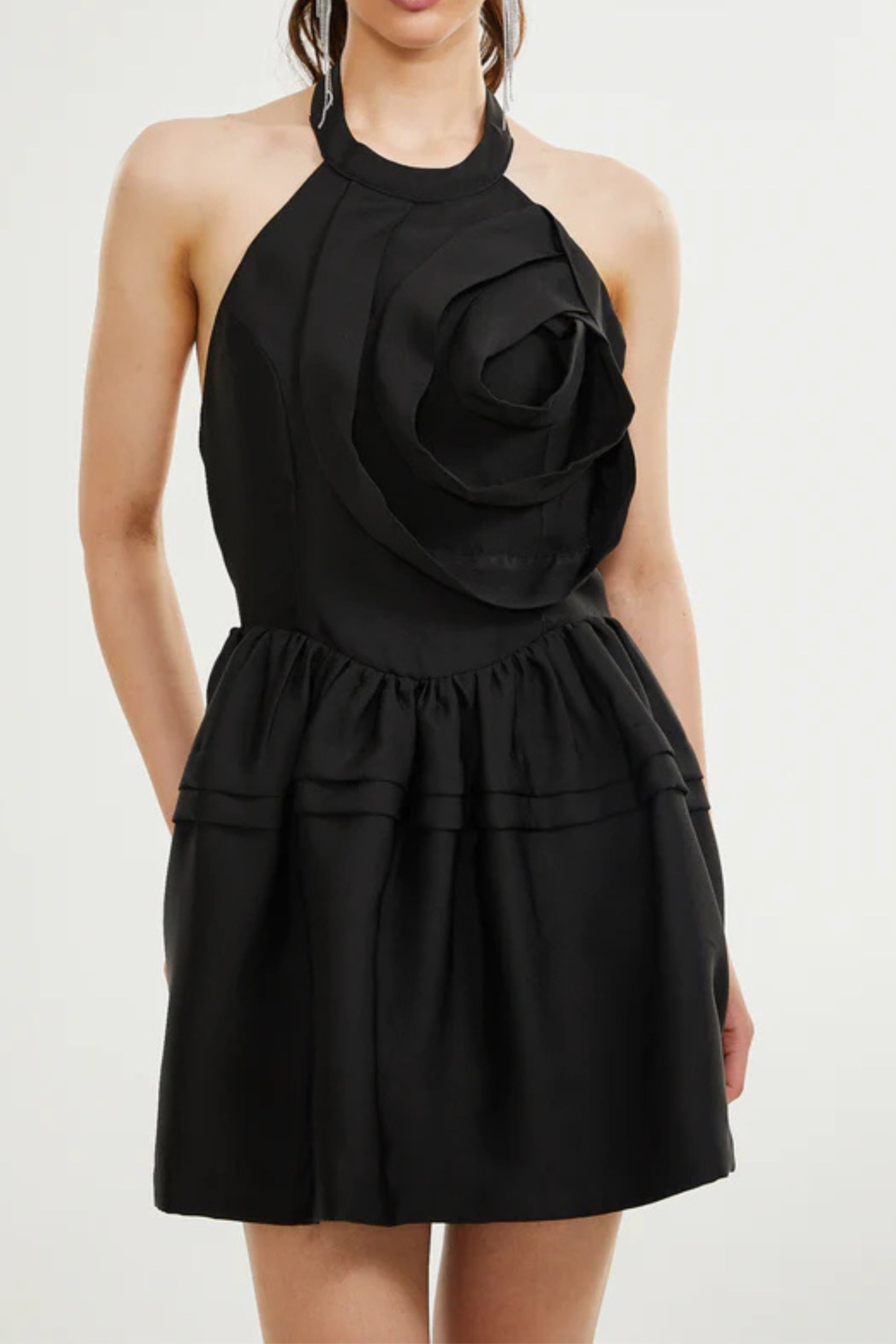 Flowering Girl Women Floral Appliqué Halter Neck Mini Dress In Black