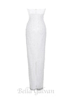 Flowering Girl Women WHITE SATIN SEQUIN PEARLS BEADED MAXI DRESS