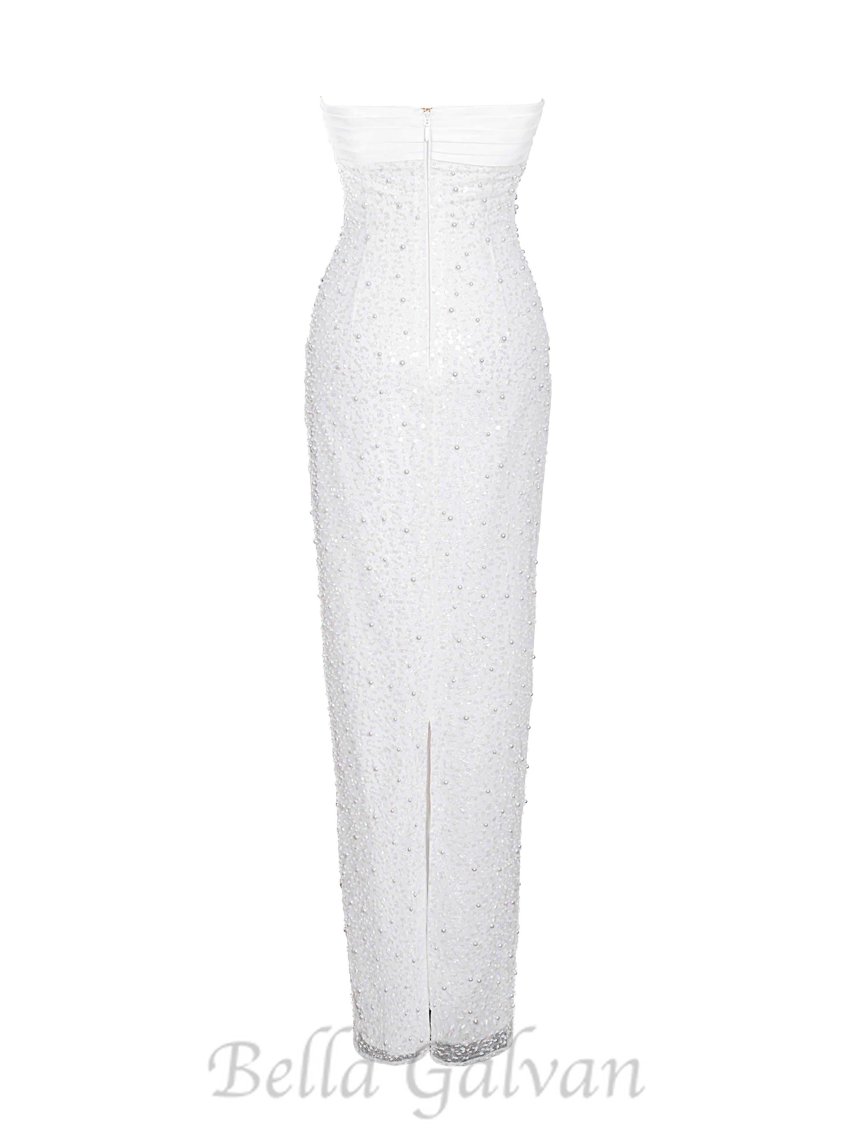 Flowering Girl Women WHITE SATIN SEQUIN PEARLS BEADED MAXI DRESS