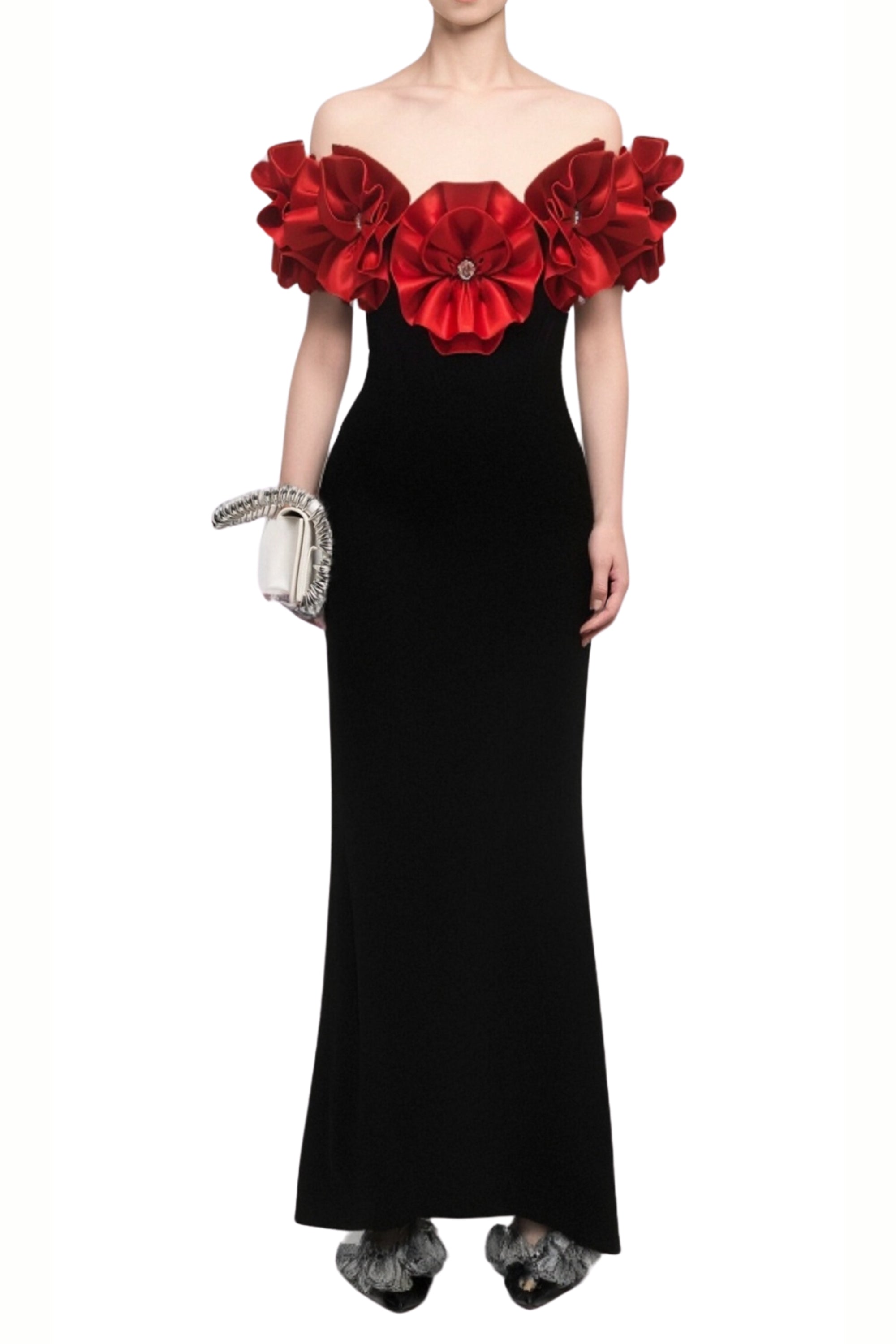Flowering Girl Women Red Flower Embellished Strapless Bandage Maxi Dress
