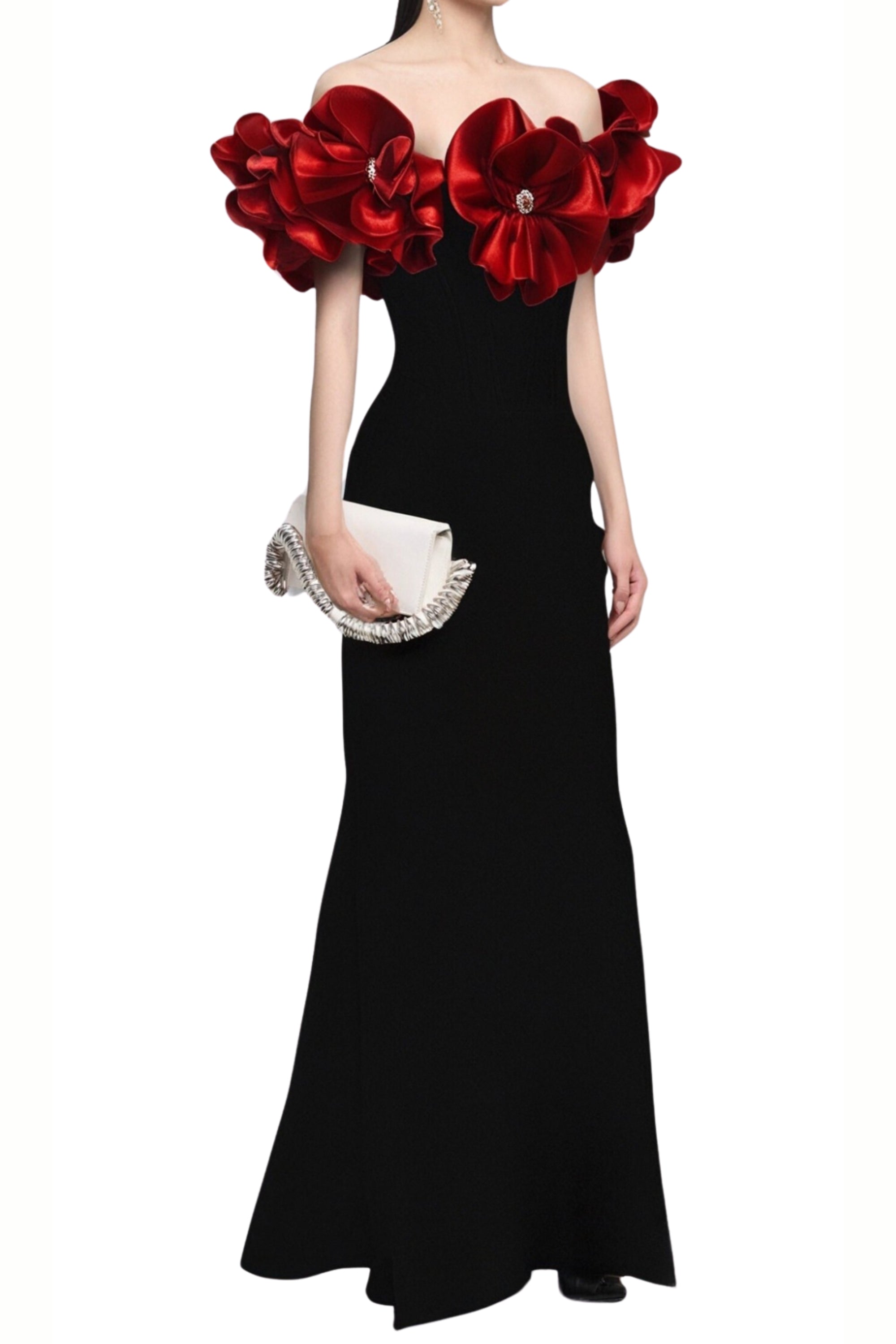 Flowering Girl Women Red Flower Embellished Strapless Bandage Maxi Dress