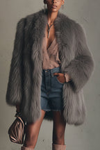 Flowering Girl Women Gray Faux Fox Fur Eco Friendly Long Sleeve Jacket