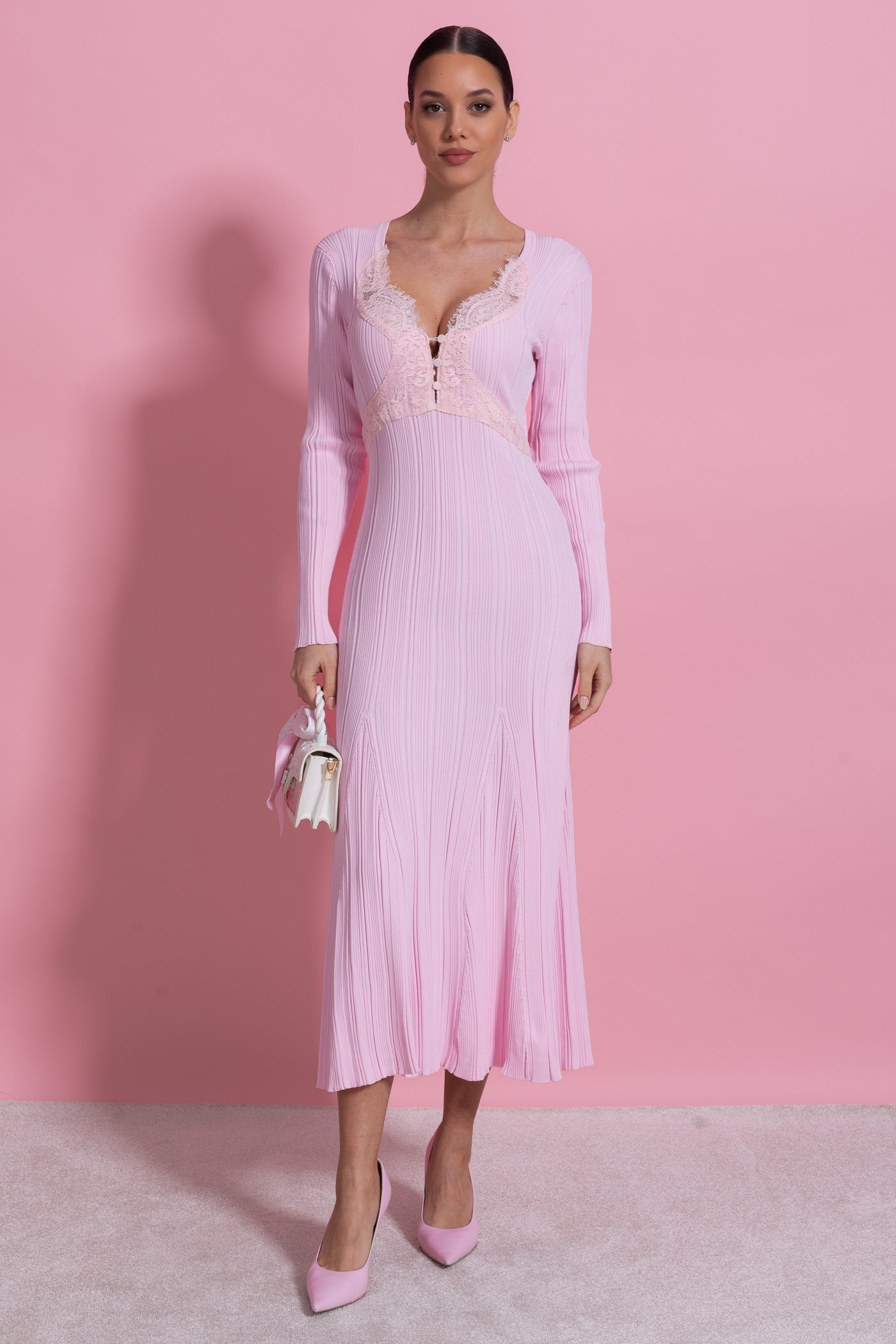 apphia Pink Contrast Lace Knit Midi Dress