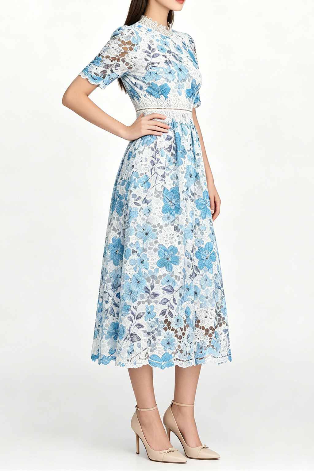 Flowering Girl Women Blue Floral Hollow Lace High Neck Short Puff Sleeve Midi A-Line Dress