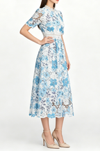 Flowering Girl Women Blue Floral Hollow Lace High Neck Short Puff Sleeve Midi A-Line Dress