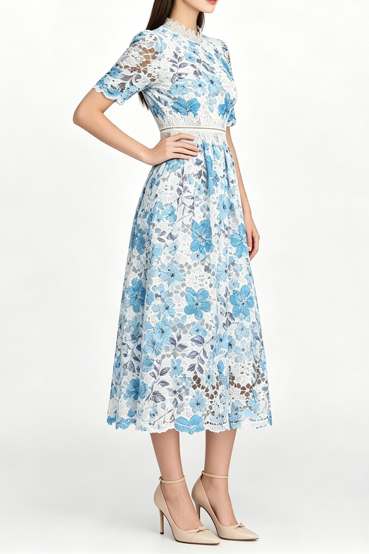 Flowering Girl Women Blue Floral Hollow Lace High Neck Short Puff Sleeve Midi A-Line Dress
