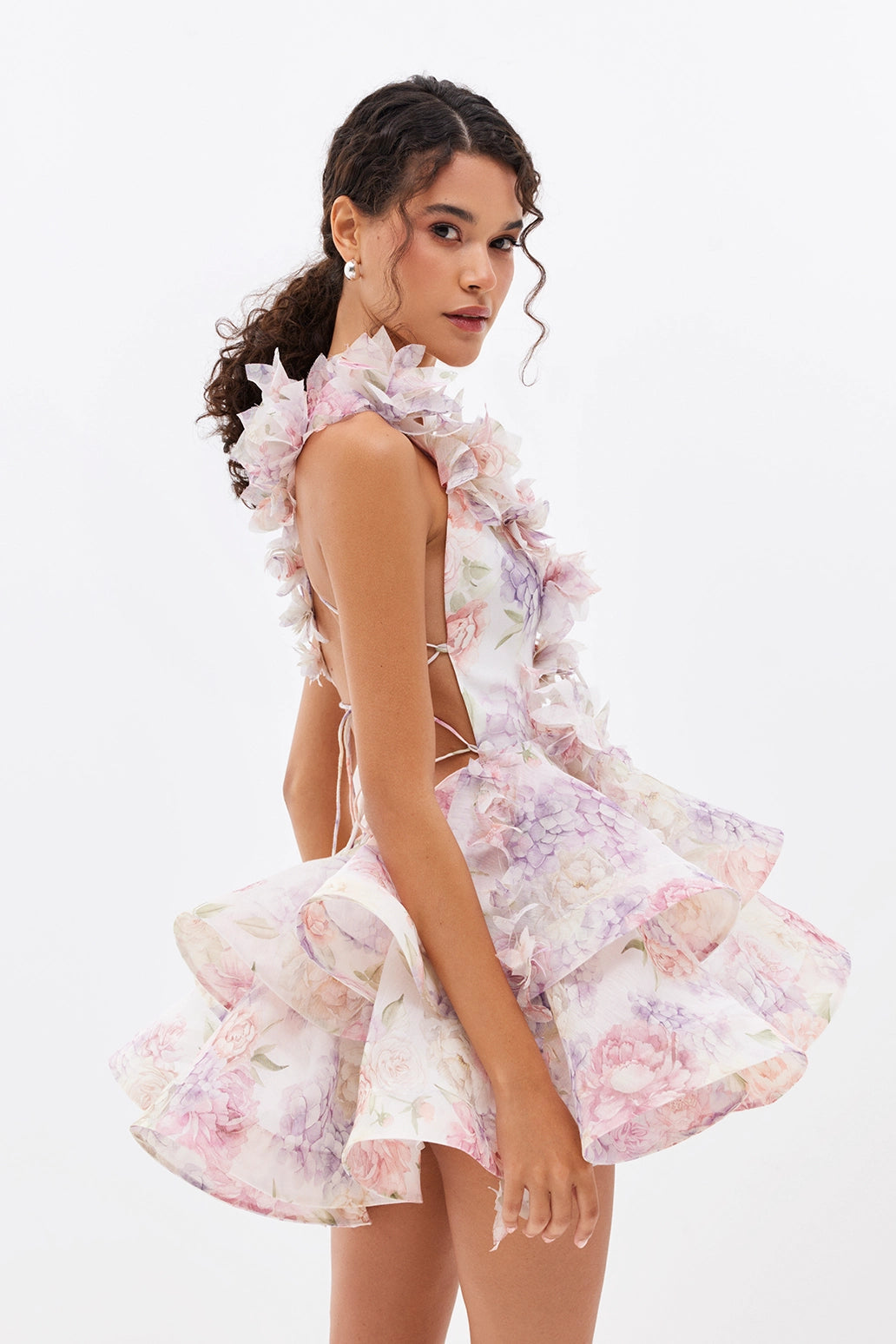 Flowering Girl Women Helen 3D Flower Chiffon Ruffle Mini Dress In Pink