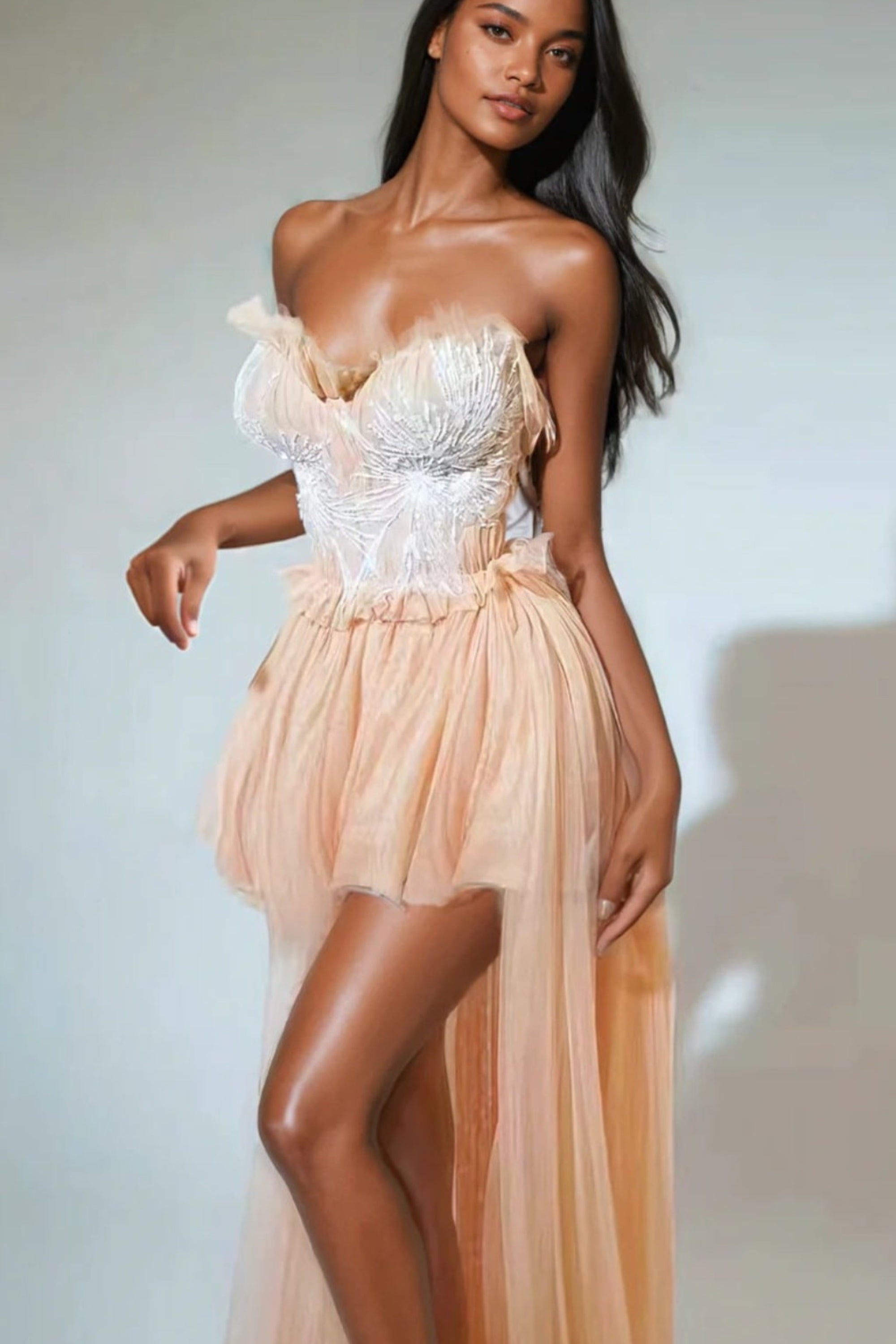 Flowering Girl Women Kalene Strapless Ruffle Tulle Dress In Apricot