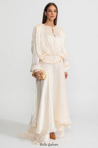 ivory Pleated Bodice Draped puff sleeve Maxi Dress