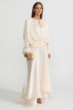 Ivory Pleated Bodice Draped Puff Sleeve Maxi Dress