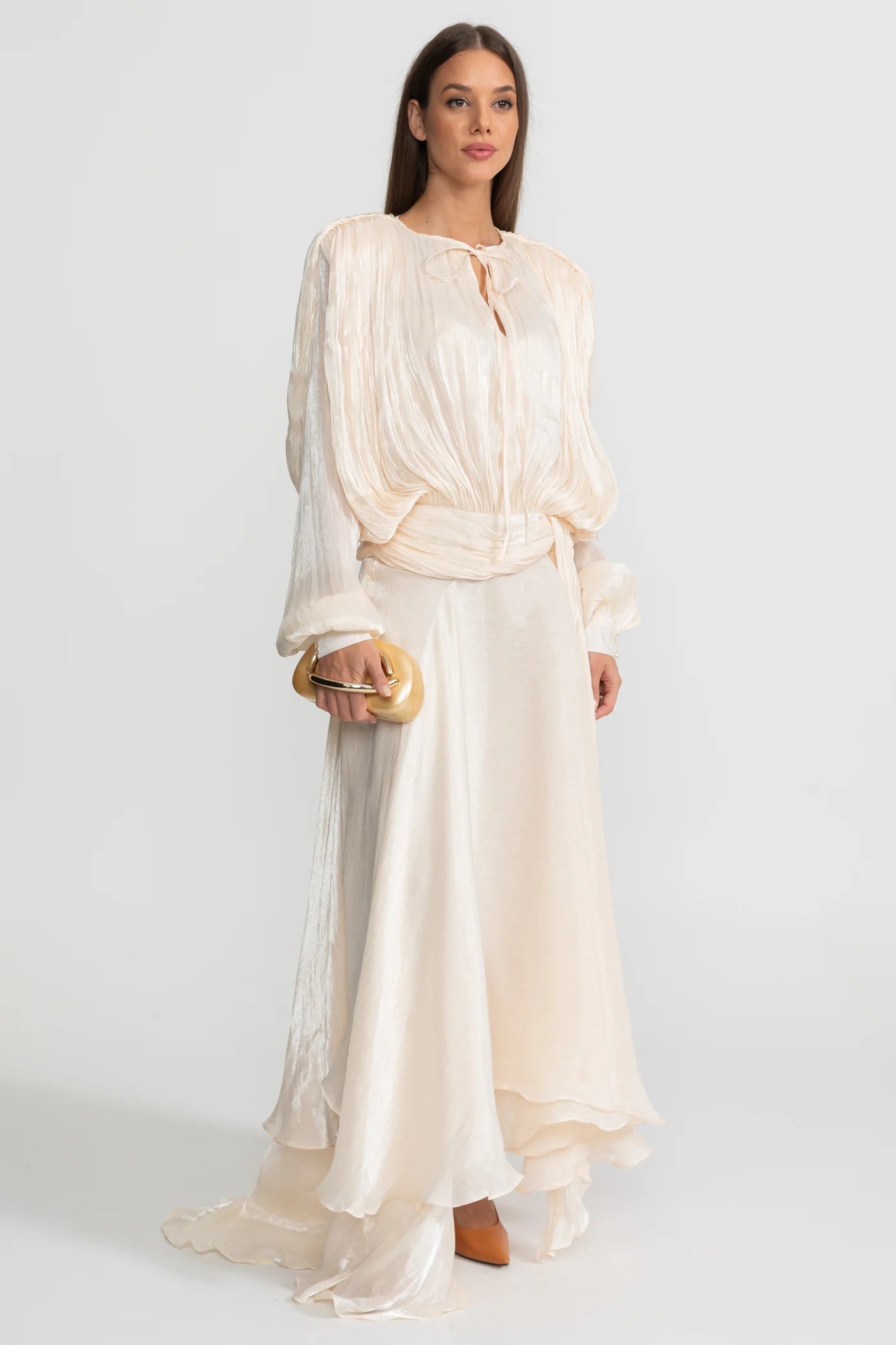 Ivory Pleated Bodice Draped Puff Sleeve Maxi Dress