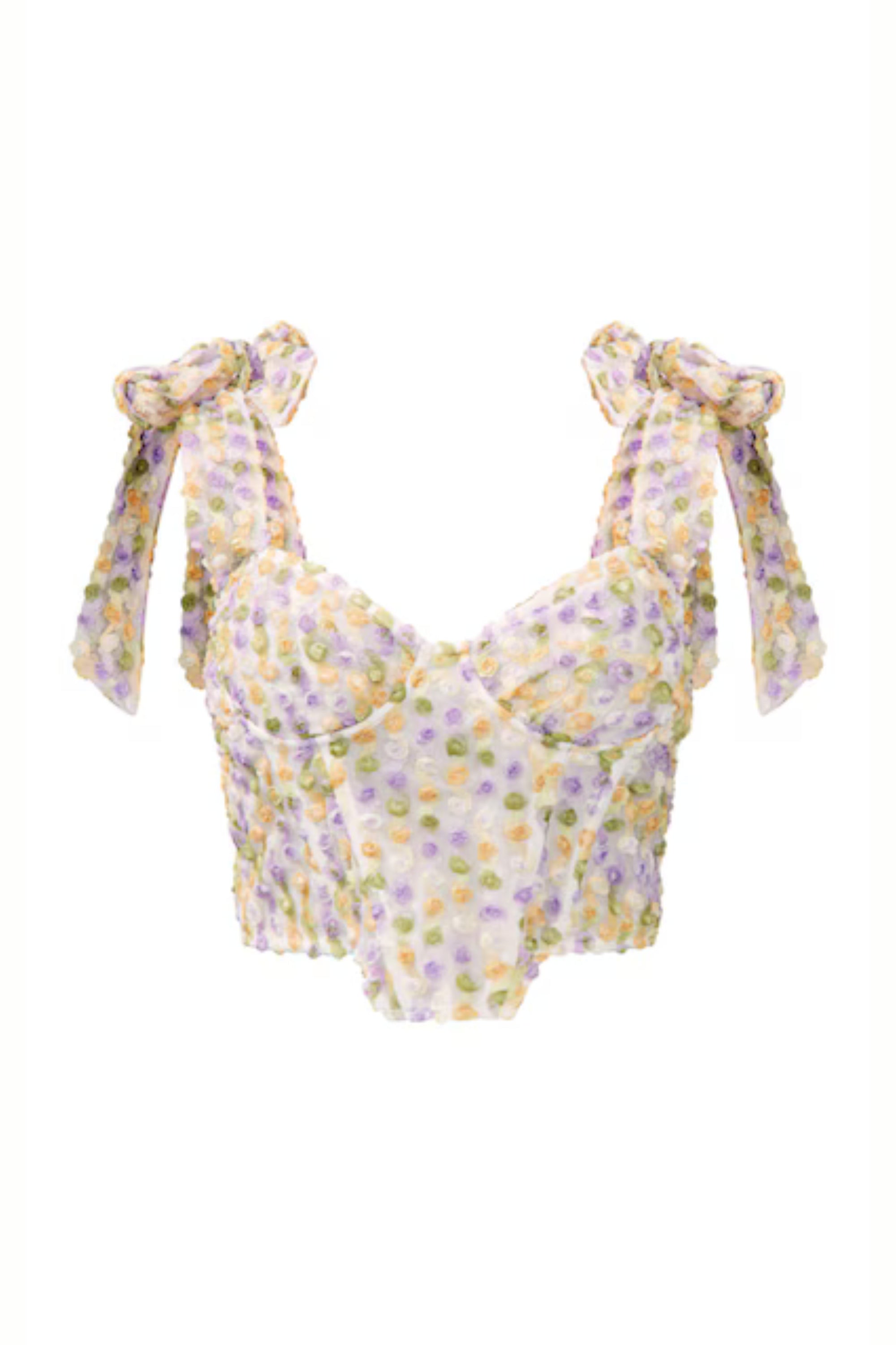 Flowering Girl Women White Textured Floral Bow Strap Crop Top