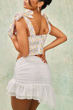 Flowering Girl Women White Textured Floral Bow Strap Crop Top