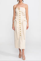 Flowering Girl Women Strapless Midi Dress With Sculptural Knotted Bodice Detail And Jewel Buttons - Cream