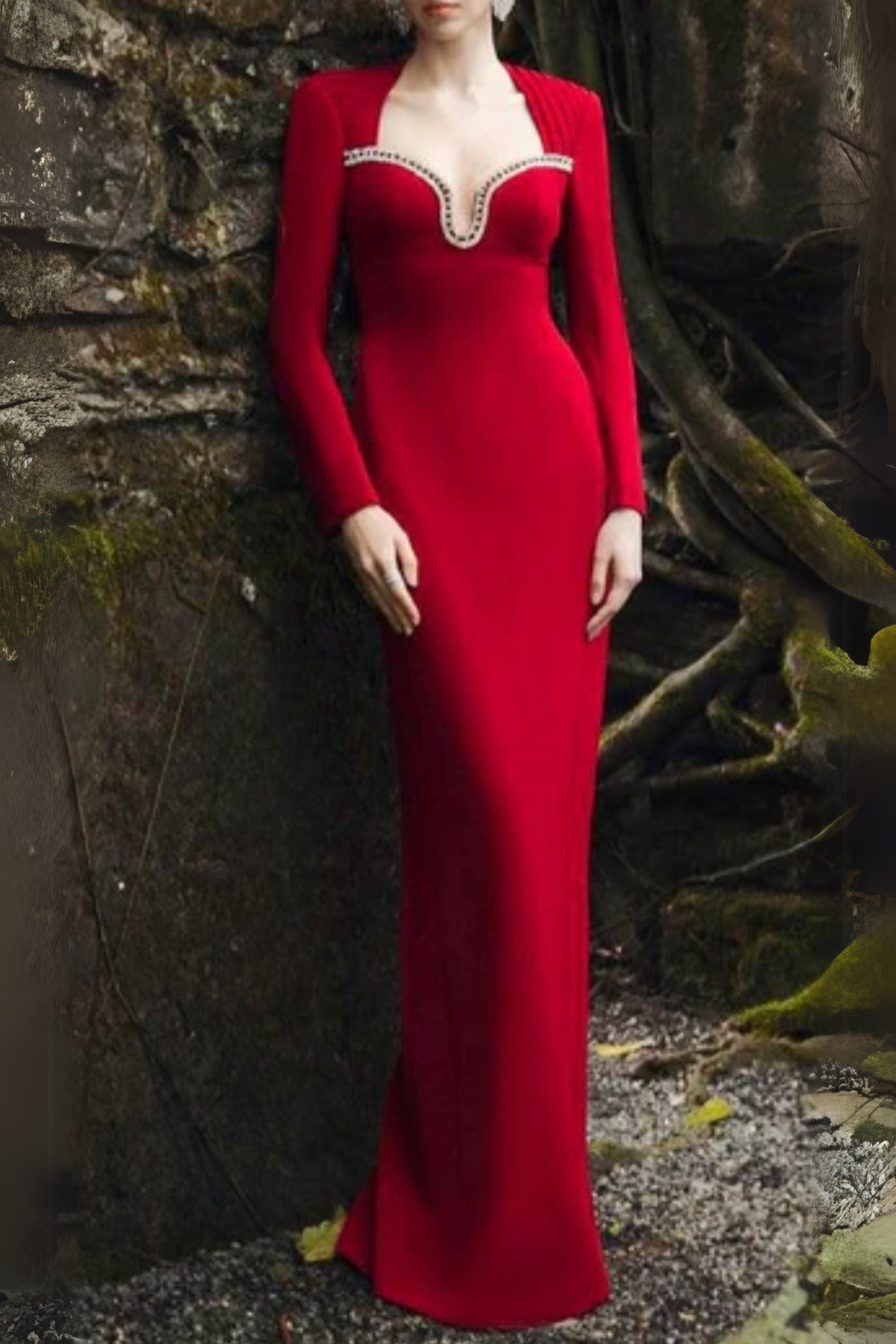 Sylvia Crystal Embellished Long Sleeve Maxi Dress In Red