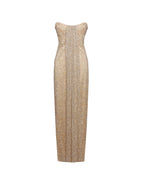 Ada Gold Rhinestone Embellished Strapless Gown With Head Scarf
