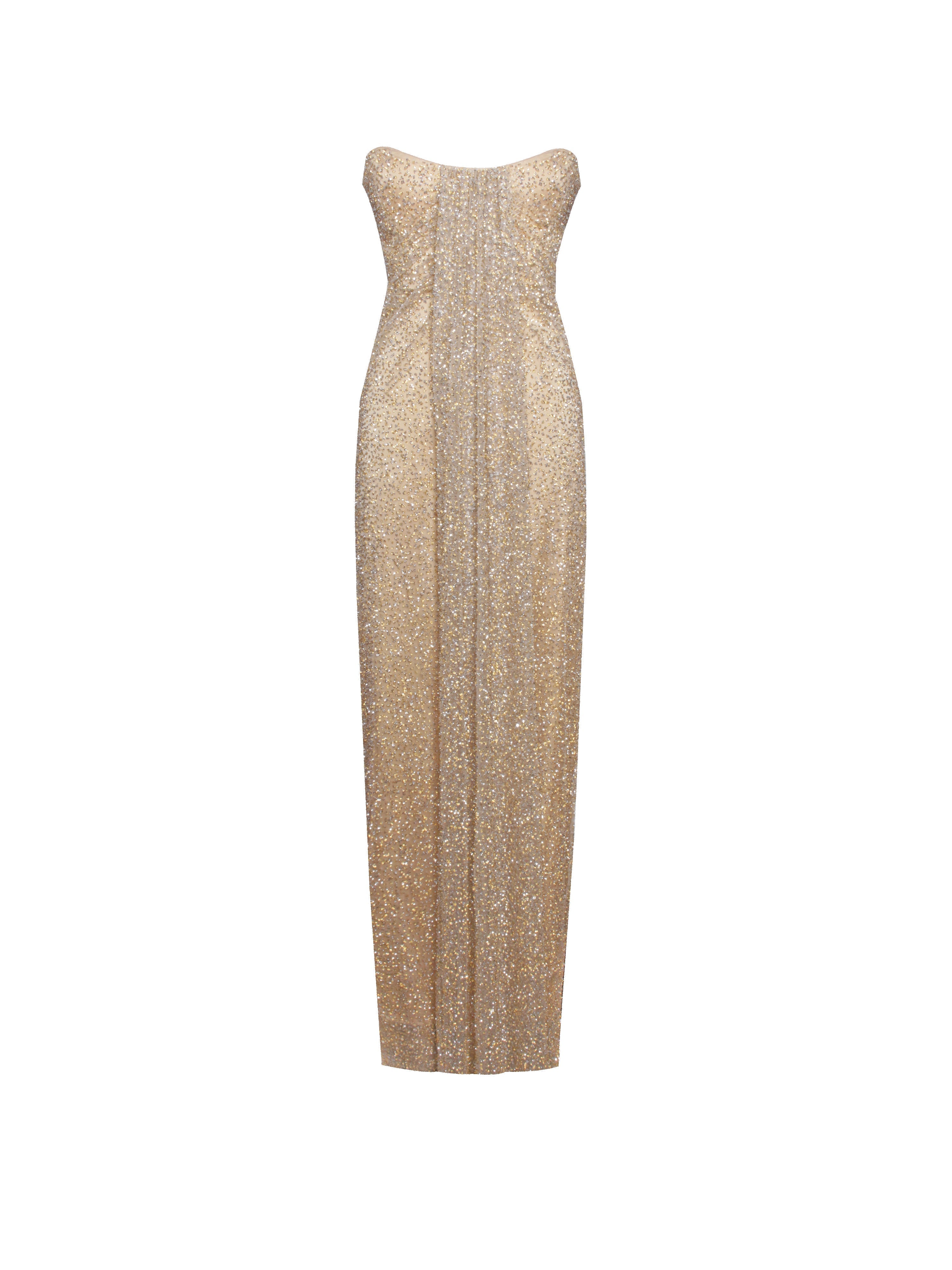 Ada Gold Rhinestone Embellished Strapless Gown With Head Scarf