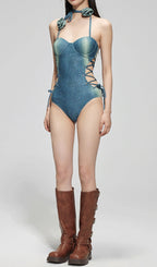 Flowering Girl Women Dodger Denim Flower One-Piece Swimsuit