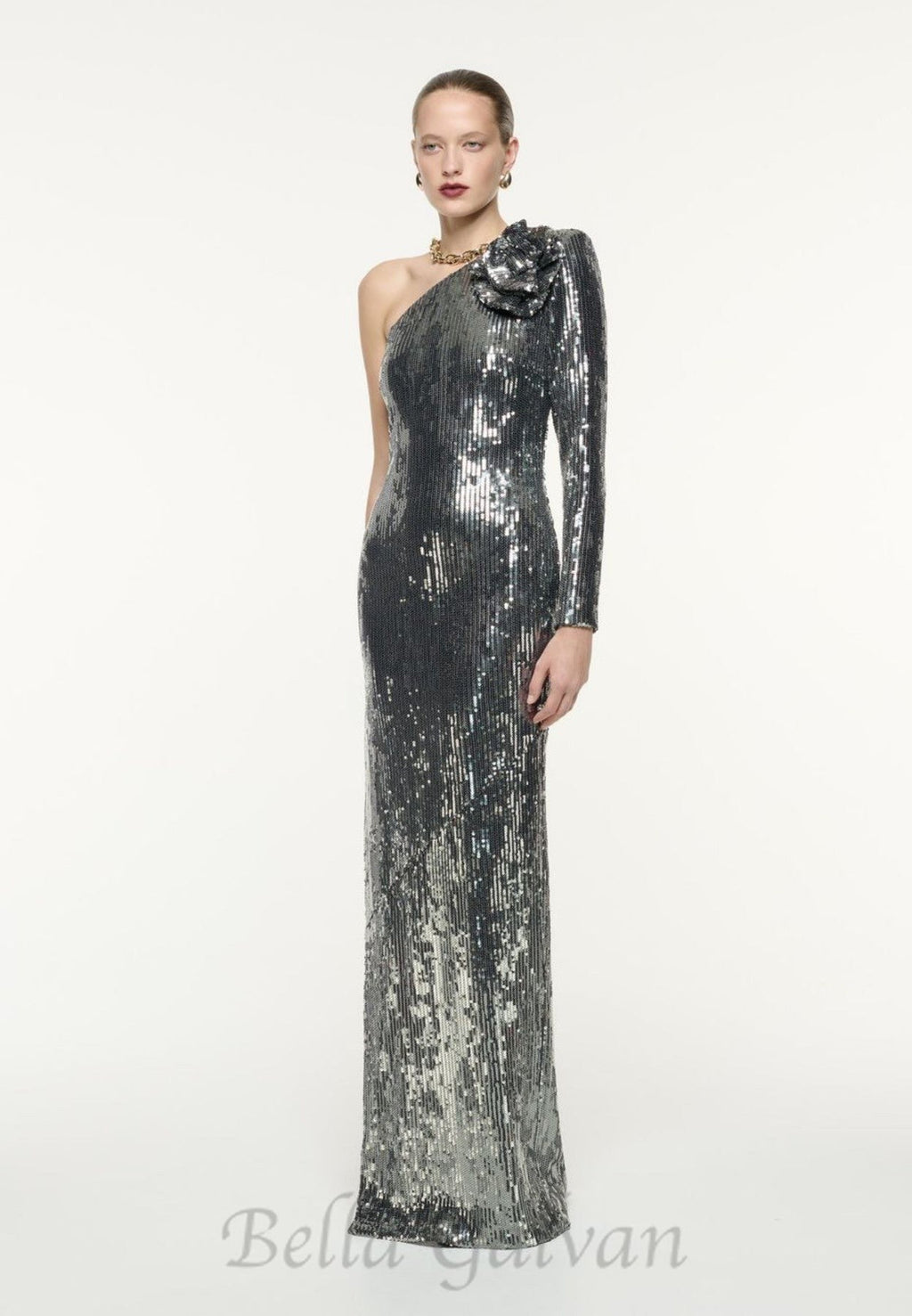 Flowering Girl Women Floral-appliqué sequin gown in silver