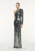 Flowering Girl Women Floral-appliqué sequin gown in silver