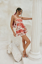 Flowering Girl Women Linen lace-trim print strapless top shorts set - red
