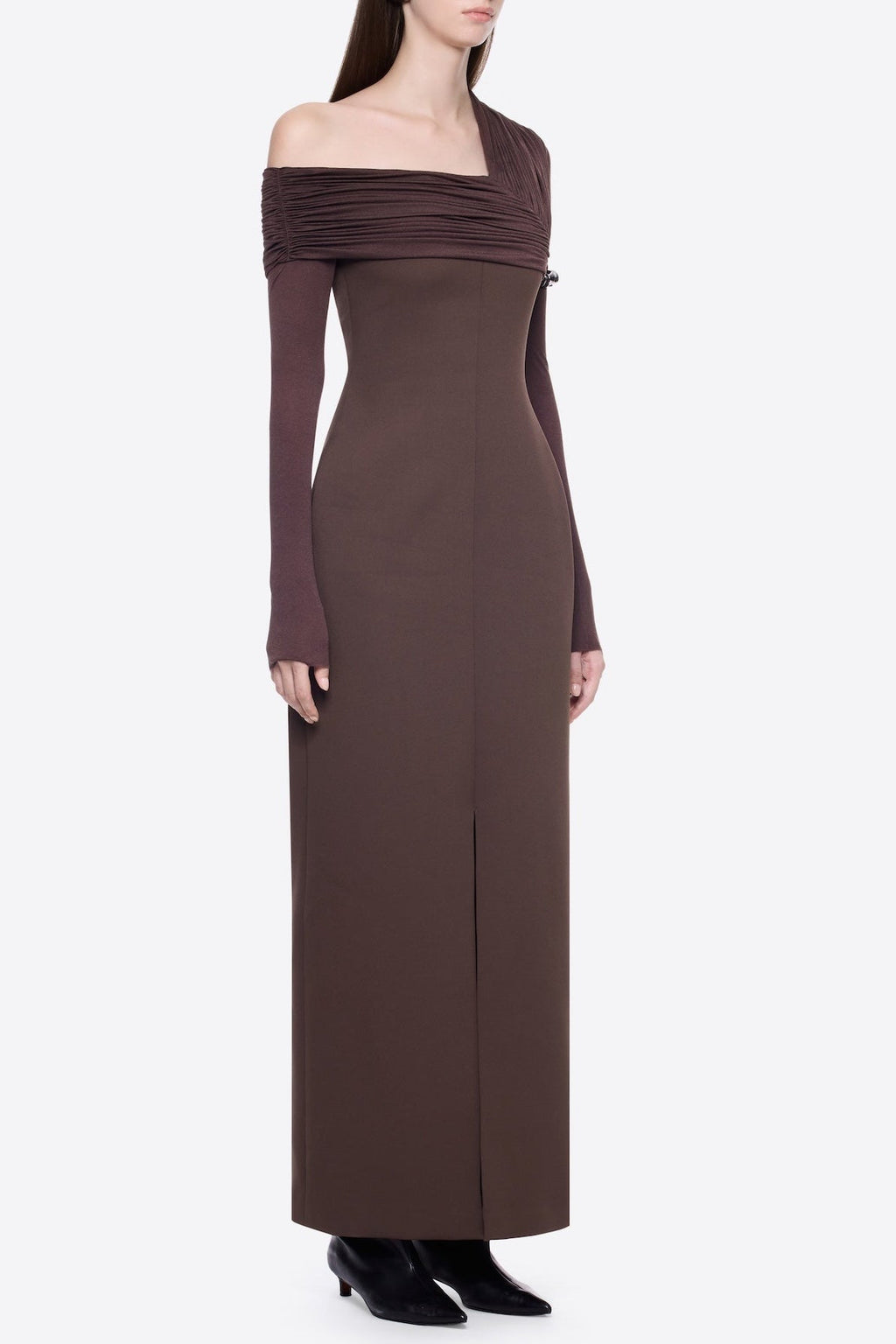 Sibyl Asymmetric Off-Shoulder Draping Slit Maxi Dress In Brown