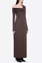 Sibyl Asymmetric Off-Shoulder Draping Slit Maxi Dress In Brown