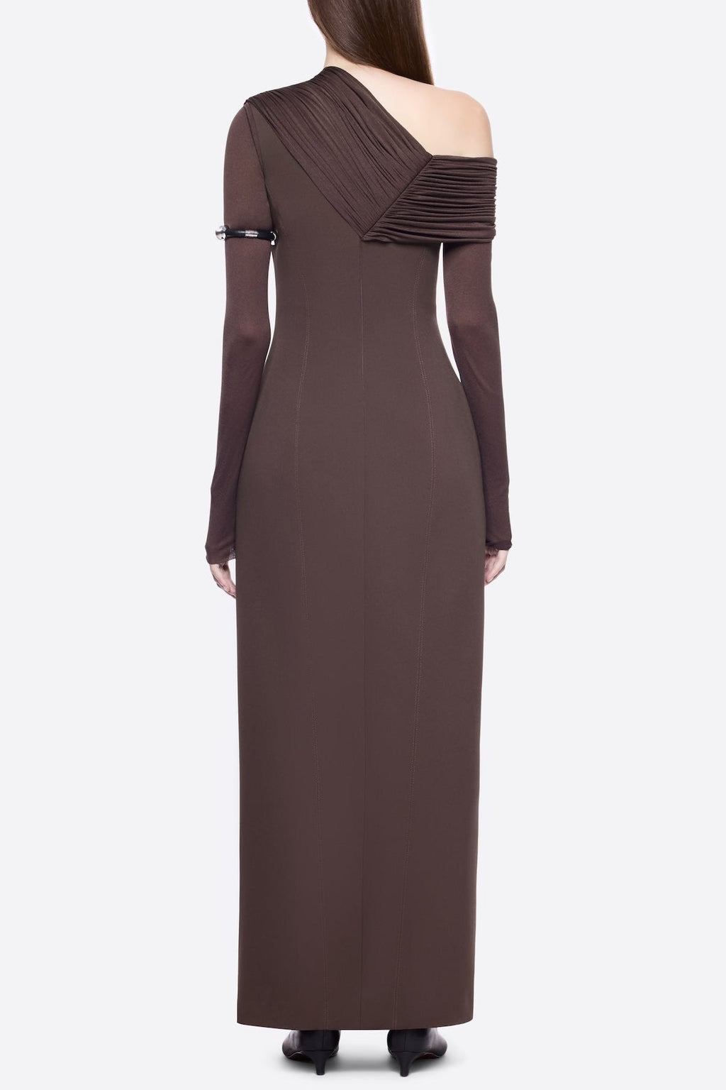 Sibyl Asymmetric Off-Shoulder Draping Slit Maxi Dress In Brown