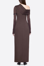Sibyl Asymmetric Off-Shoulder Draping Slit Maxi Dress In Brown