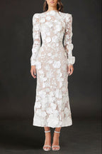 Shannon 3D Floral Midi Dress In White
