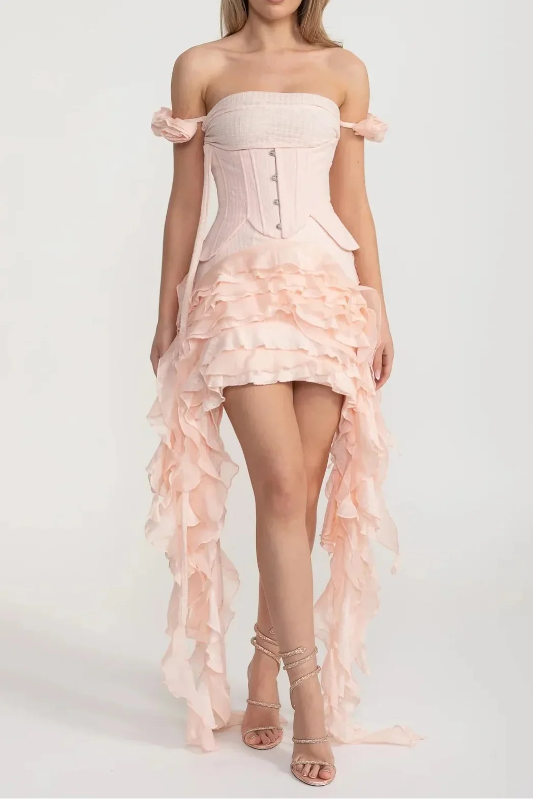 Flowering Girl Women Vintage Inspired Corset Dress With Ruched Bustier And Flowing Ruffled Side Details - Pink