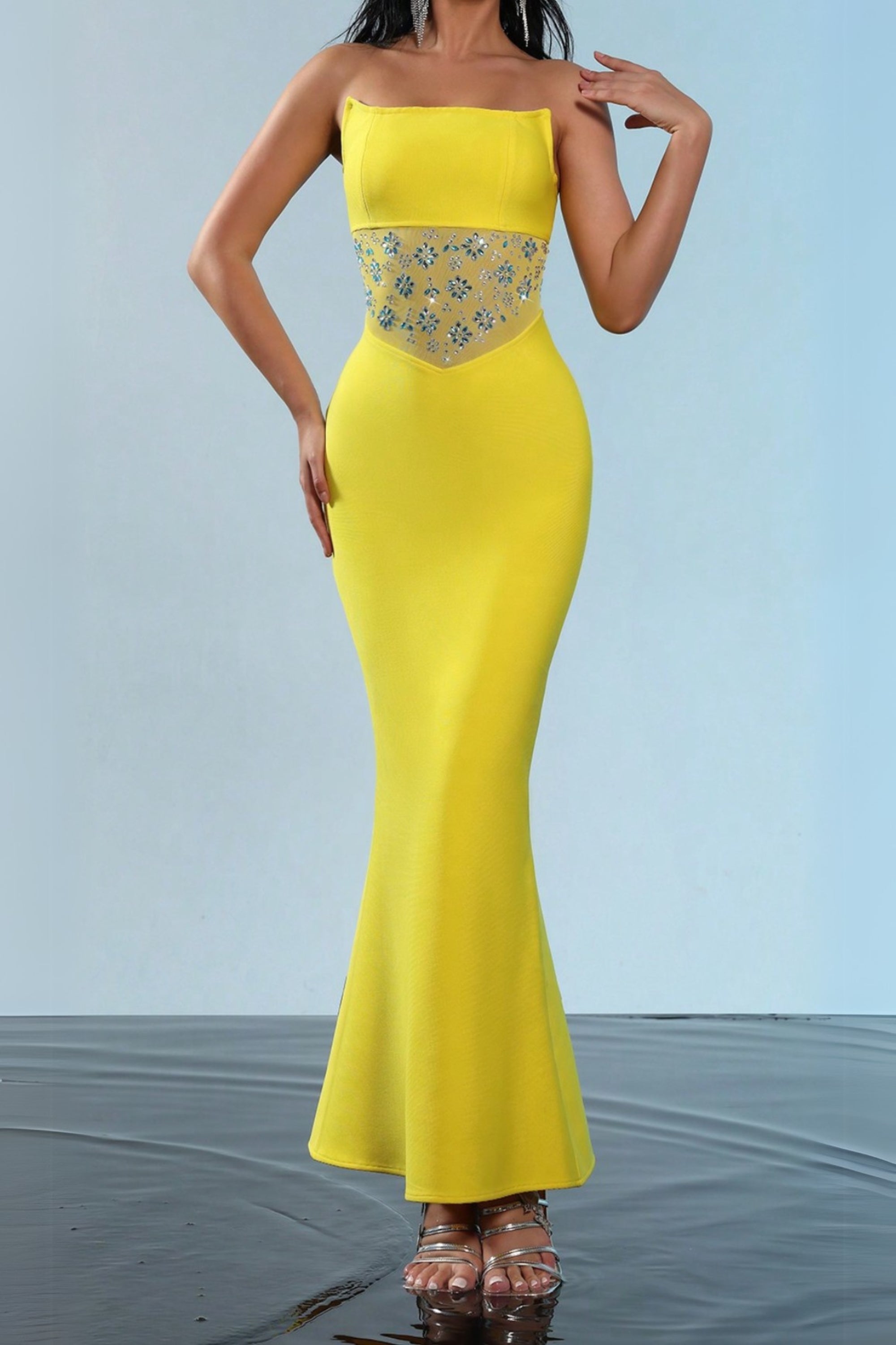 Flowering Girl Women Mesh Splice Rhinestone Decor Yellow Maxi Bandage Dress