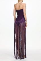 Flowering Girl Women helen Bodysuit Fringe Strapless mini Dress in purple