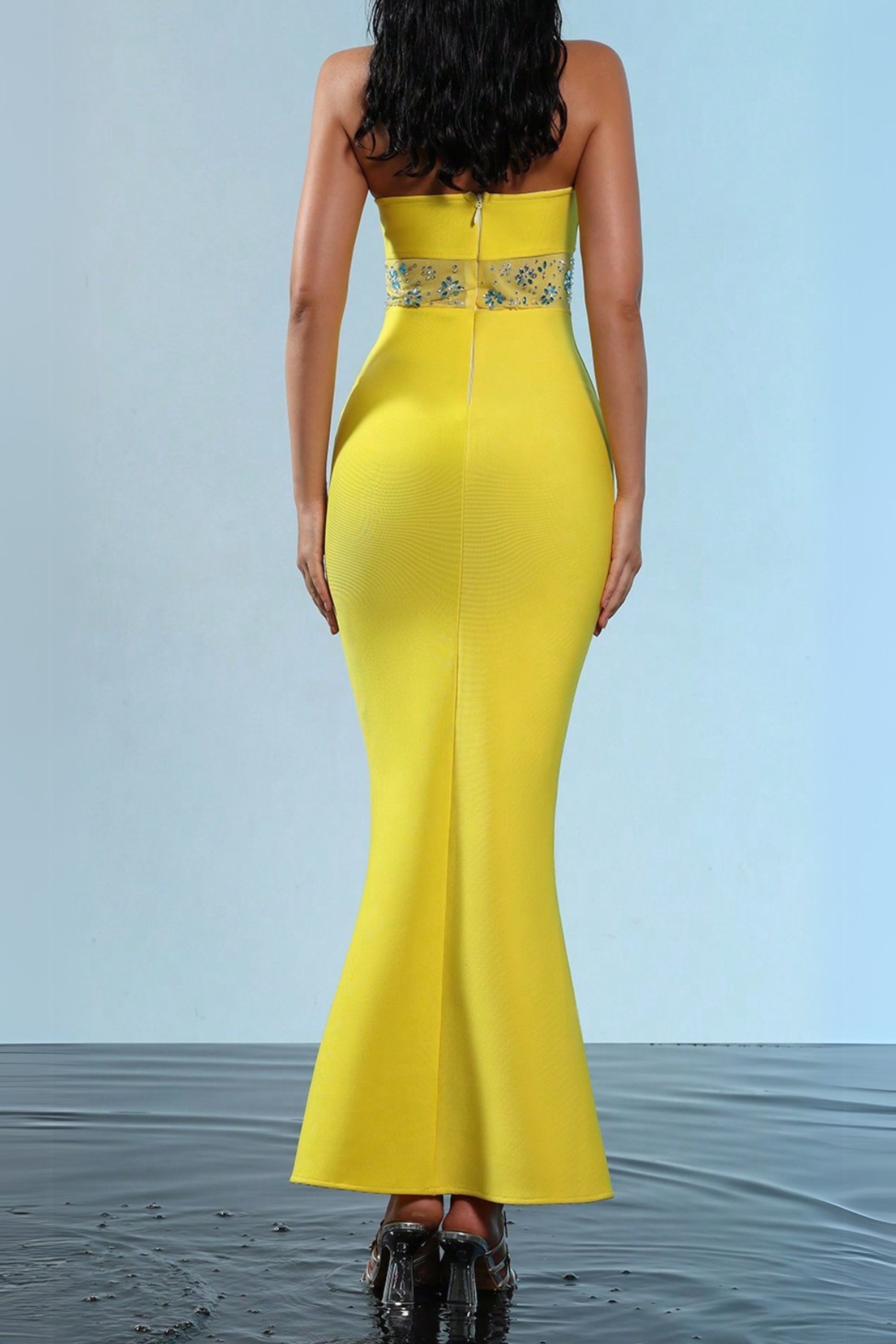 Flowering Girl Women Mesh Splice Rhinestone Decor Yellow Maxi Bandage Dress