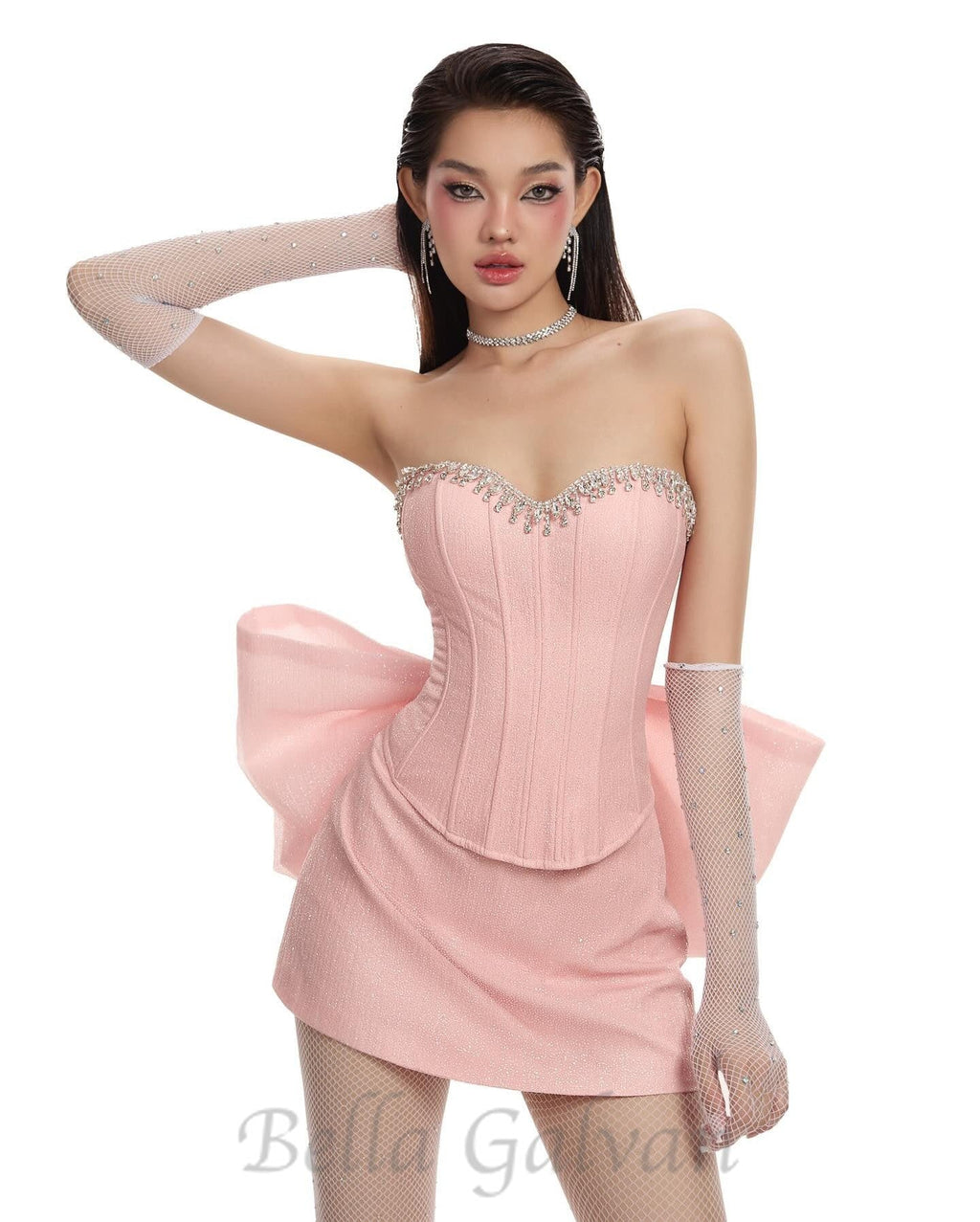 Flowering Girl Women back bowknot embellished skirt suit in pink
