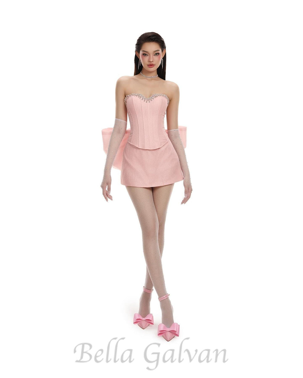 Flowering Girl Women back bowknot embellished skirt suit in pink