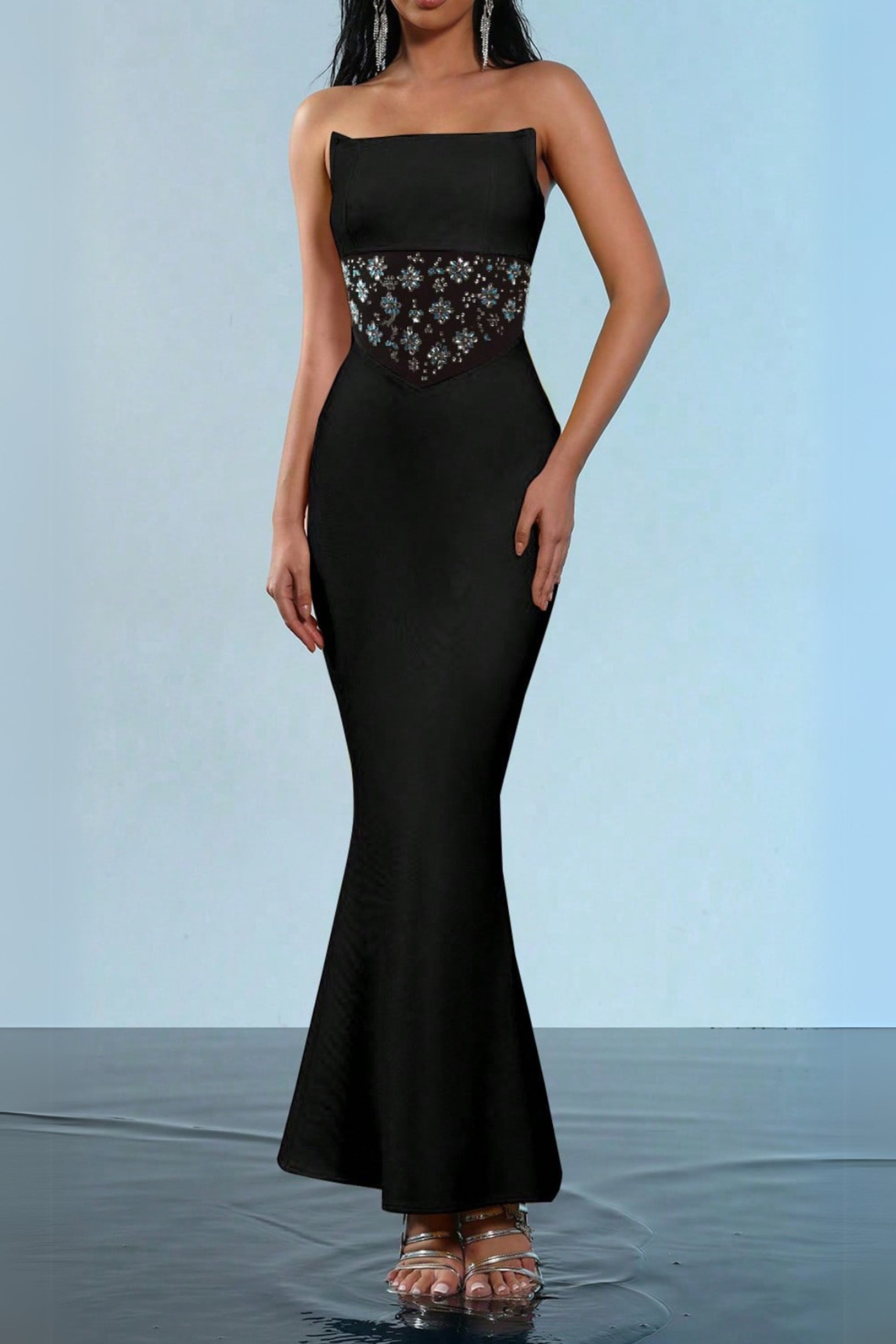 Flowering Girl Women Mesh Splice Rhinestone Decor Black Maxi Bandage Dress
