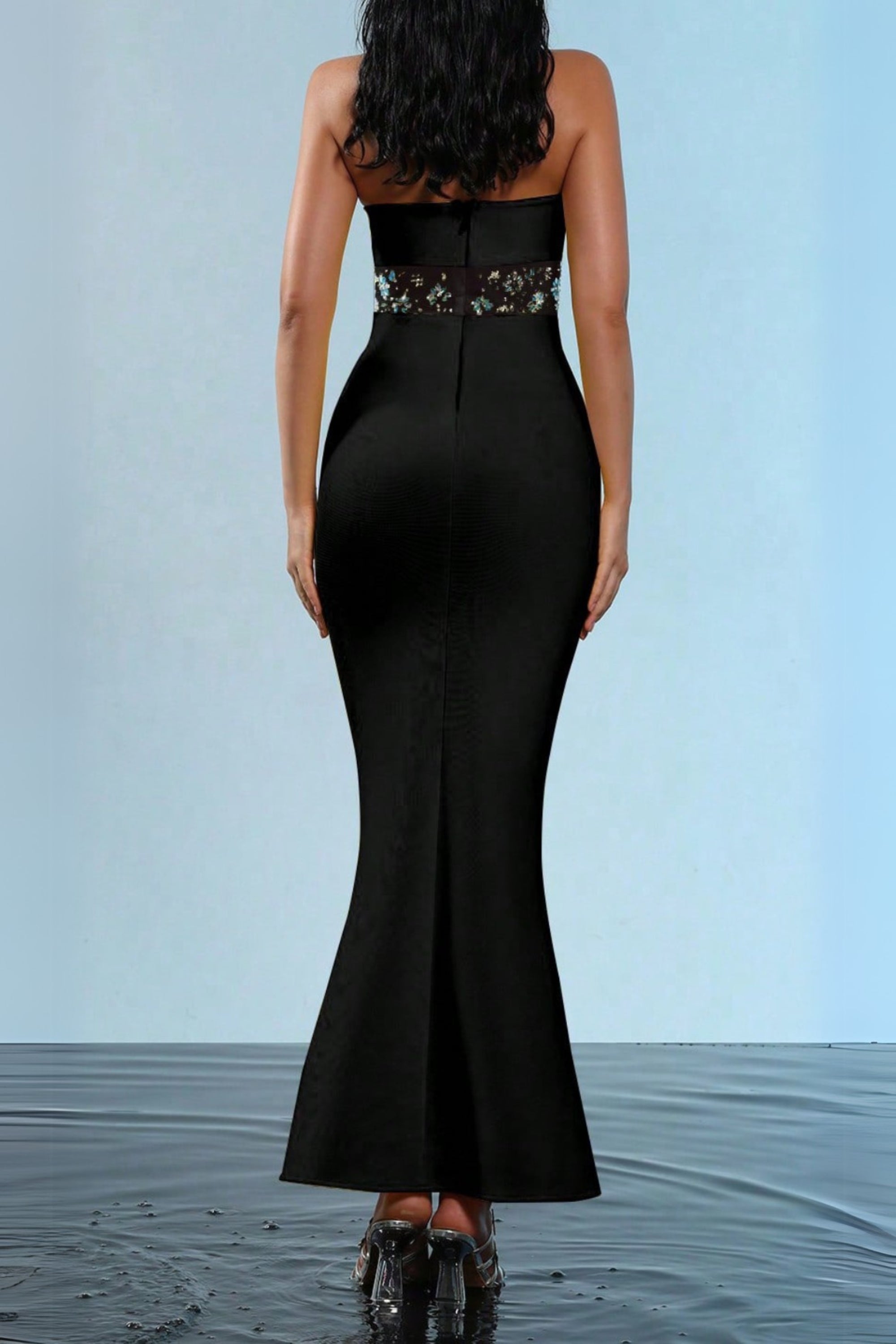 Flowering Girl Women Mesh Splice Rhinestone Decor Black Maxi Bandage Dress