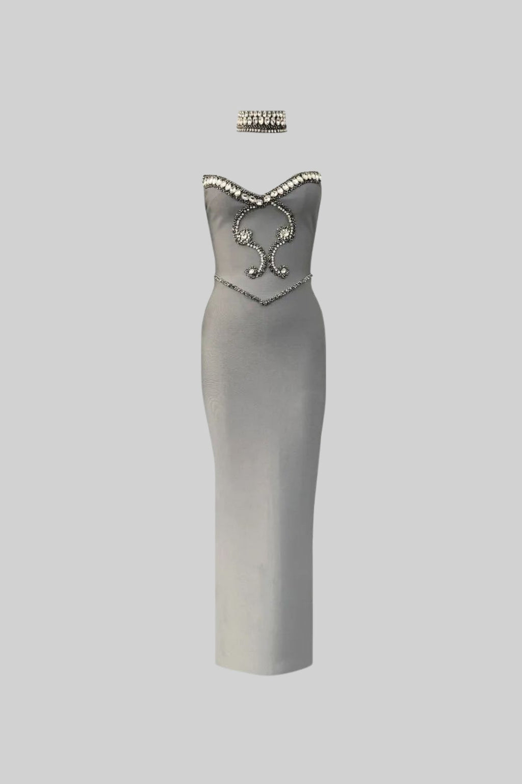 alyssa Gray Crystal Embellished Strapless Gown with Choker