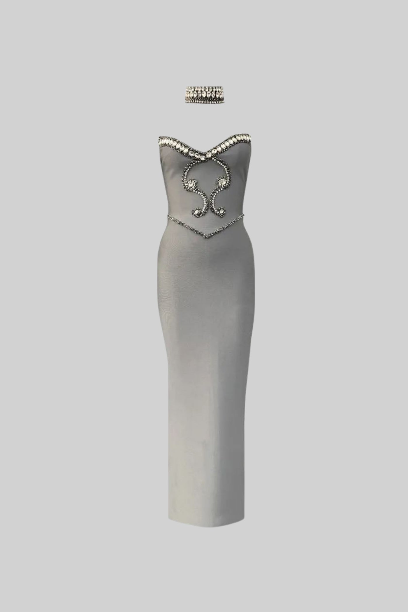 alyssa Gray Crystal Embellished Strapless Gown with Choker