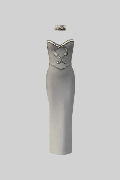 alyssa Gray Crystal Embellished Strapless Gown with Choker
