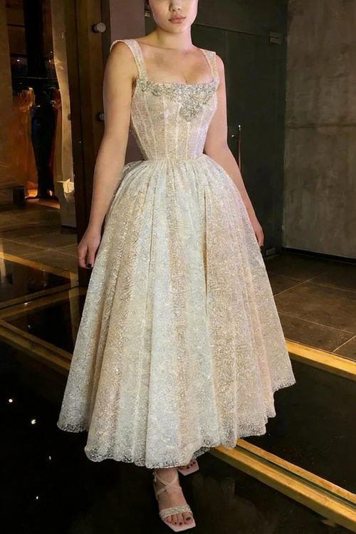 Flowering Girl Women A-Line Glitter Sleeveless Light Champagne Wedding Dresses