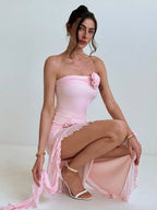 Flowering Girl Women Strapless Lace Spliced Slit Bodycon Dress in pink