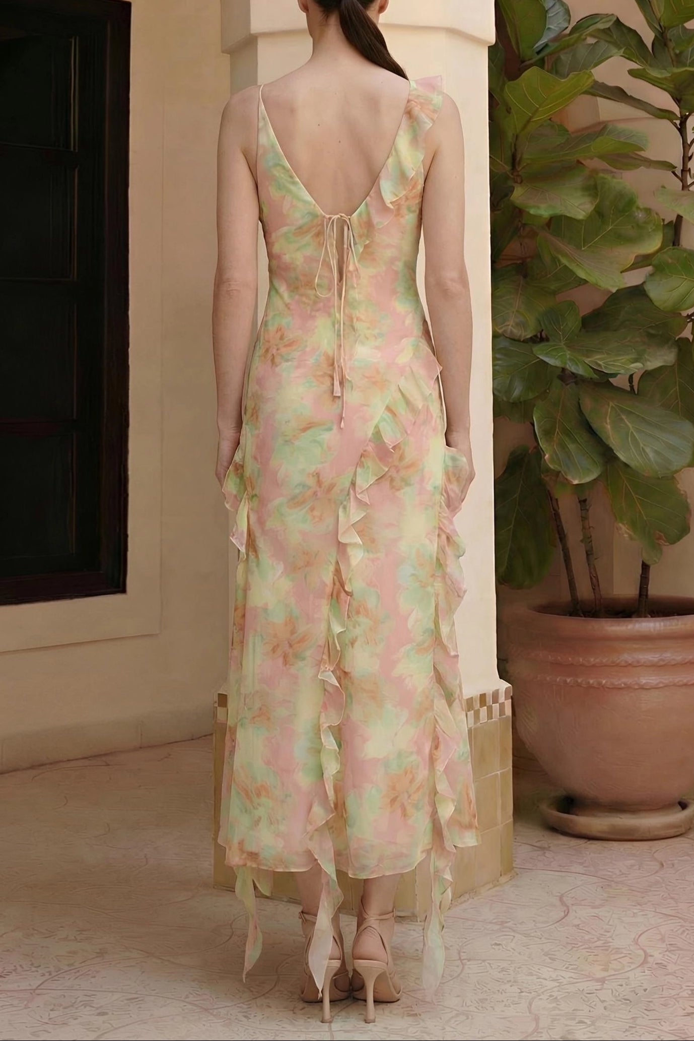 jessie Tie Dye v-neck Ruffle Tie-Up Midi Dress - green